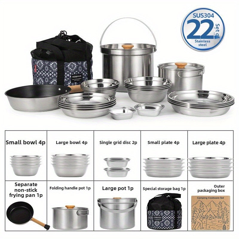Stainless Steel Camping Cookware Set 22 Pieces Outdoor Kitchen Utensils