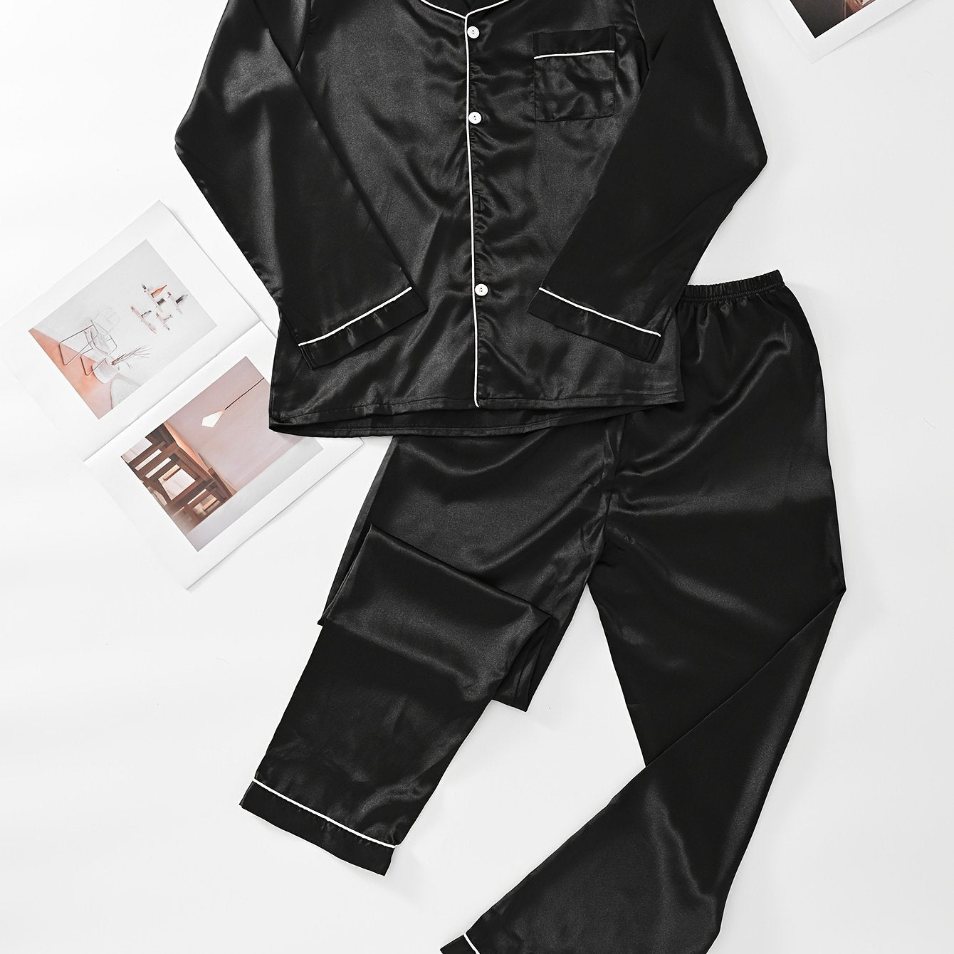 Conjunto de pijama de satén de manga larga para hombre con patrón de giro de color sólido para dormir y descansar