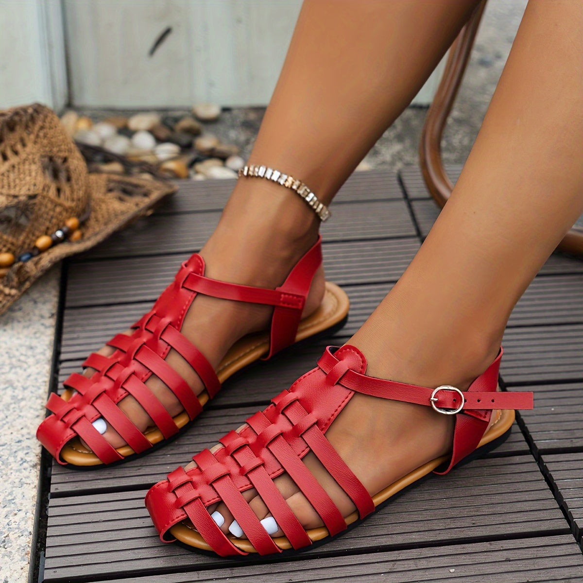 Women’s Brown Flat Heel Strappy Sandals with Buckle Closure