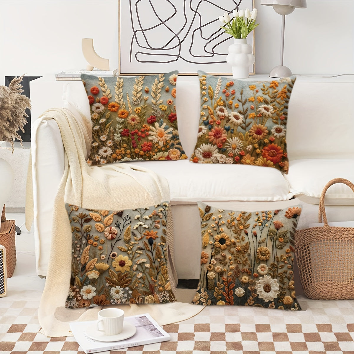 Boho Autumn Wildflower Throw Pillow Covers 45.72x45.72 cm Floral Leaf Outdoor Couch Sofa