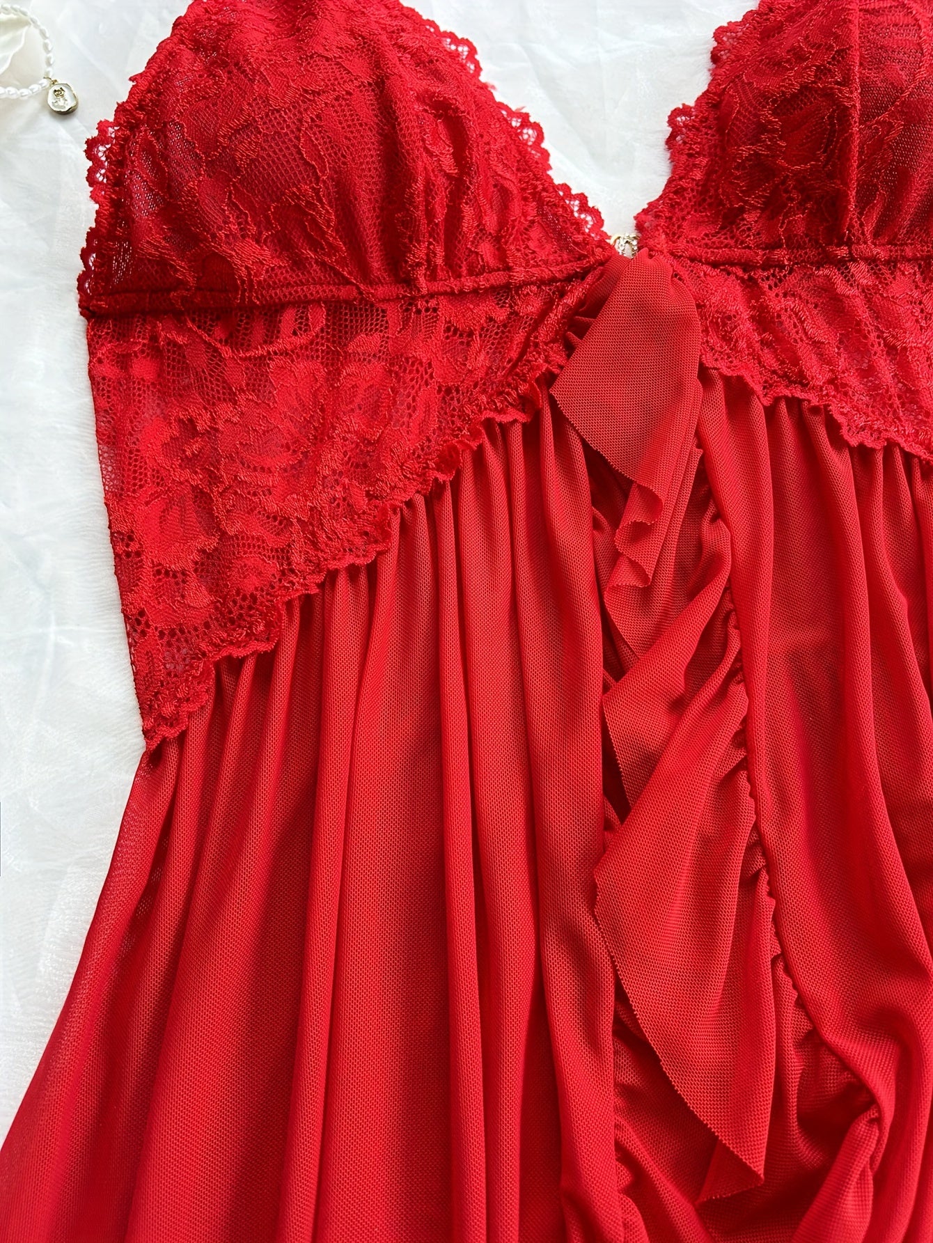 Women's Lace Slip Dress Pajama Set with V-Neck Backless Ruffle Hem and Shorts All-Season Breathable Polyester Blend