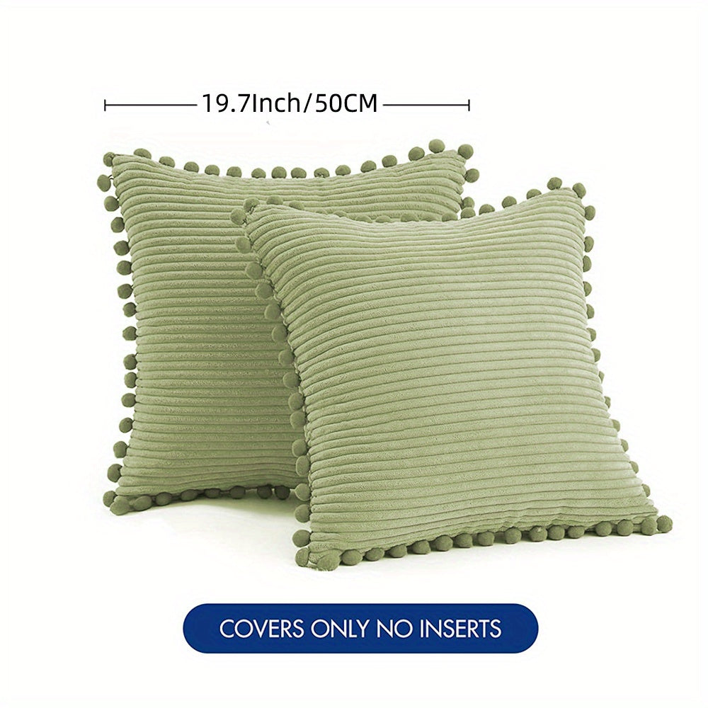 Набор из 2-х бохо наволочек для подушек с помпонами и акцентом из вельвета. Сплошные квадратные подушки для различных пространств. (18x18 дюймов/45x45 см). ВКЛЮЧЕНИЯ НЕ ВХОДЯТ.