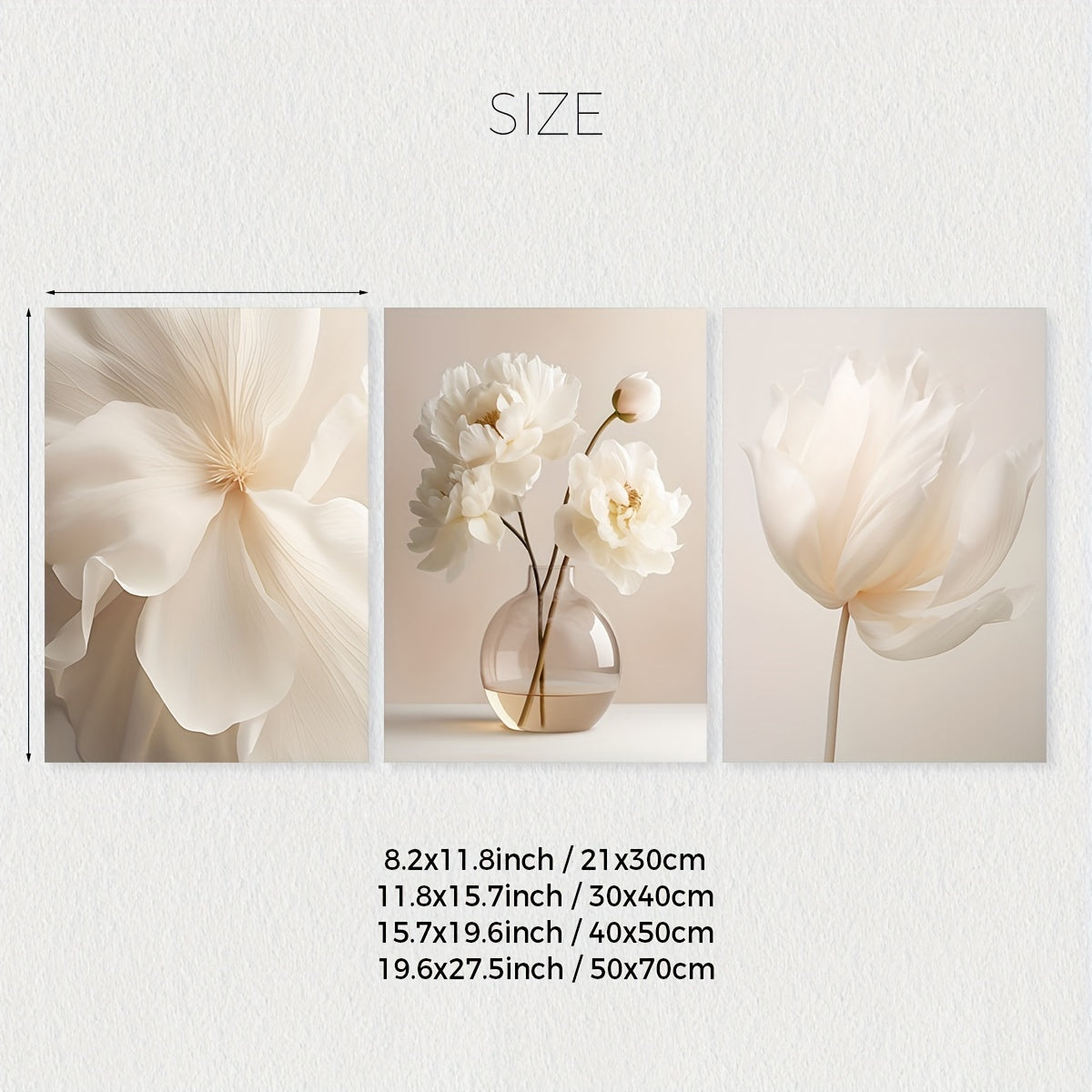 Set of 3 White Peony Flower Wall Art Prints Canvas Modern Minimalist Neutral Decor