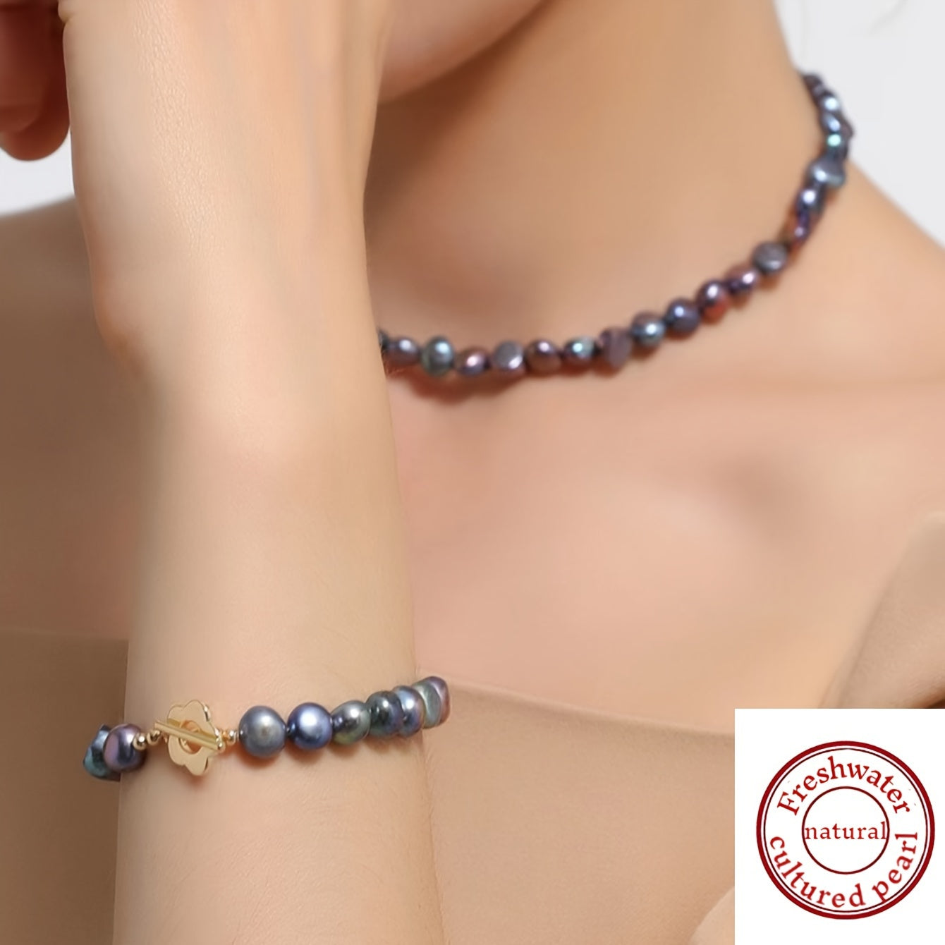 Conjunto de joyería de perlas de agua dulce negras con collar y pulsera de perlas barrocas de 7-8mm para mujeres