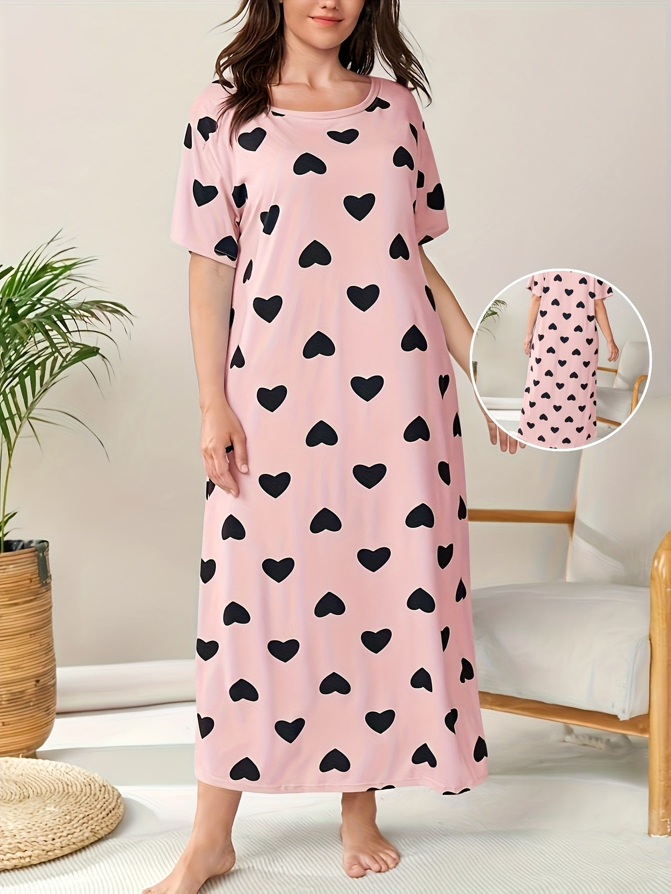 Women's Plus Size Heart Print Short Sleeve Sleep Dress