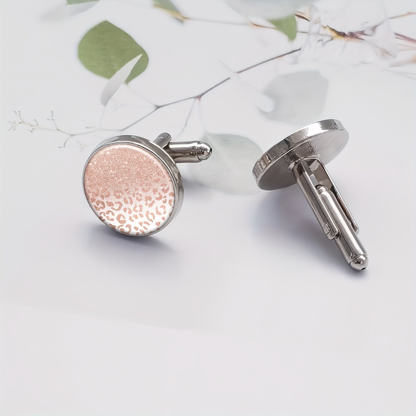 Set of 2 Unisex Metal Cufflinks Round Glitter Leopard Ombre Pattern Elegant Tuxedo Shirt Accessories