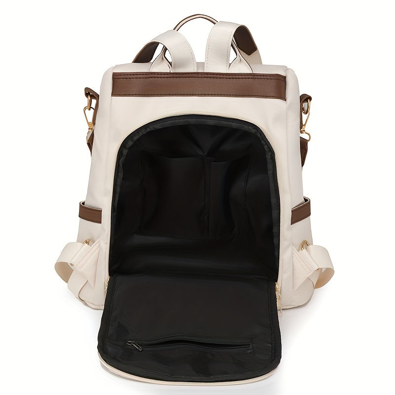 Women's Nylon Anti-Theft Backpack Purse in White and Brown with Adjustable Straps and Large Capacity