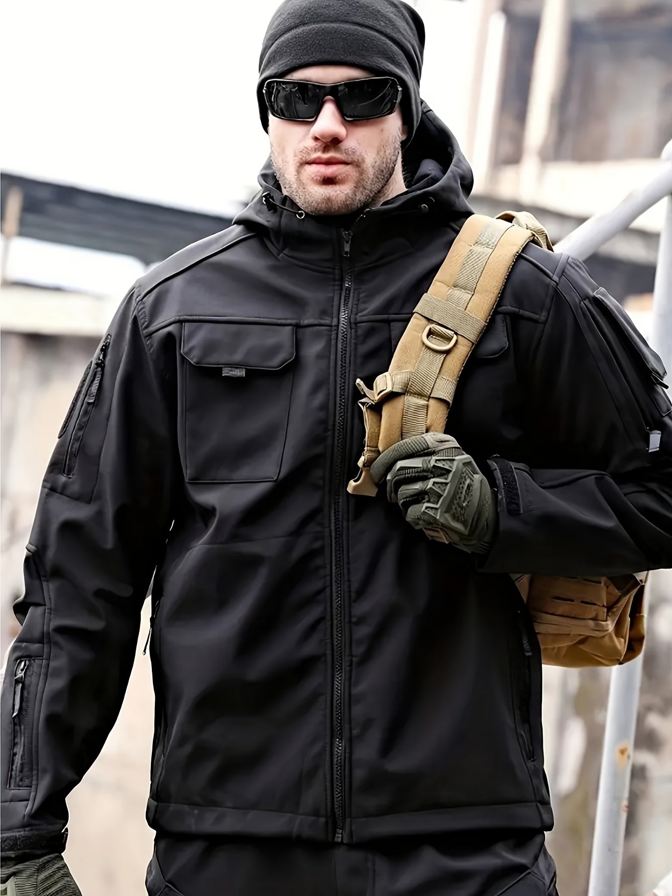 Men's Outdoor Softshell Jacket and Utility Pants Set for Fall Winter Breathable Windproof Fleece Hood