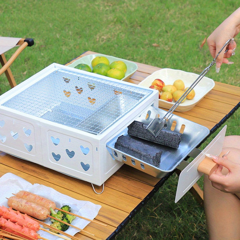 Portativ kvadrat BBQ grill, yopishmaydigan qoplama bilan - Kamping, uy va ochiq havoda pishirish uchun ko‘p maqsadli ko‘mir pechasi. Stainless steel konstruktsiya, choy qaynatish va go‘sht grill qilish uchun ideal.