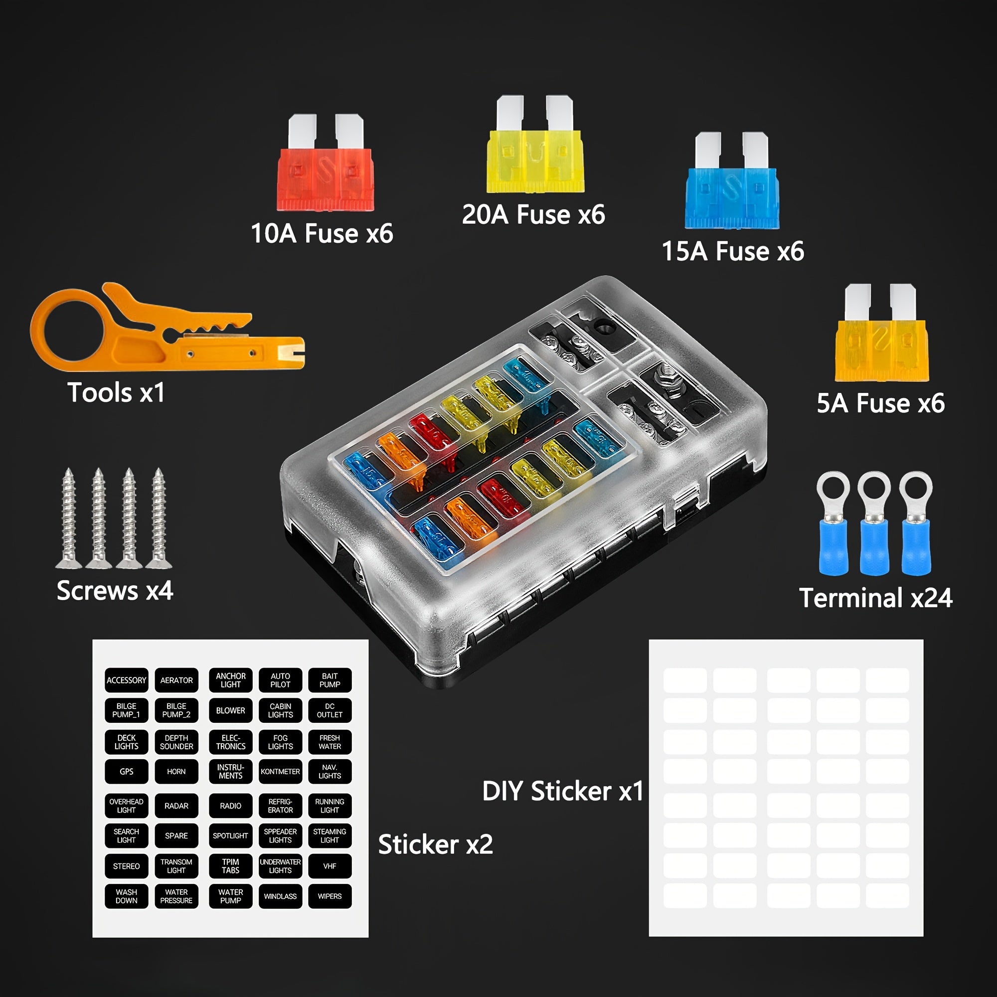 6/12 Blade Fuse Box with LED Indicator 12V Durable Flame-Retardant PBT