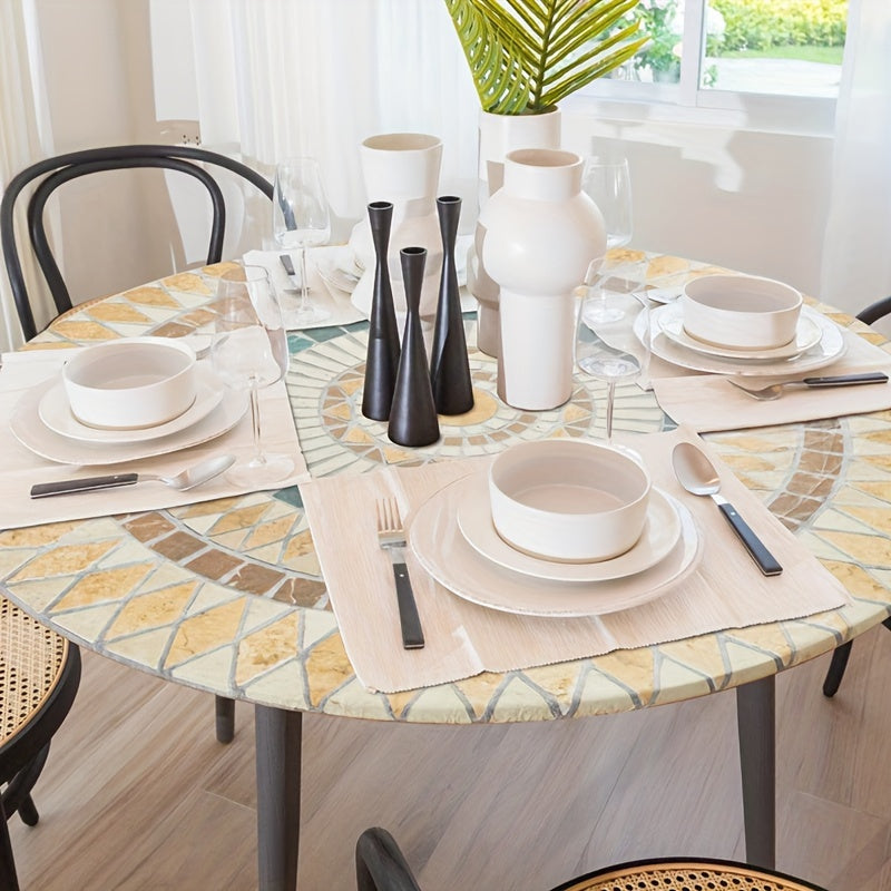 Round Tablecloth Polyester Waterproof Oil-Resistant with Mosaic Design for Dining and Restaurant