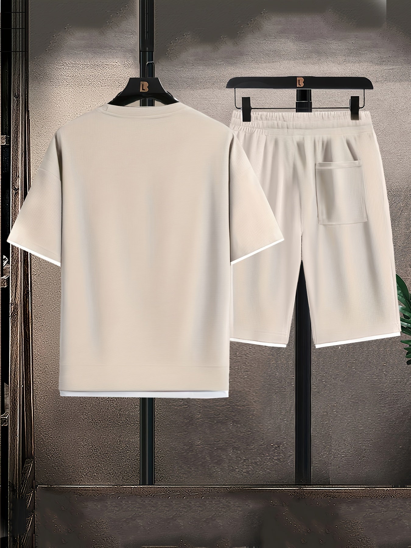 Men's Waffle Grid Crew Neck T-Shirt Casual Two-Piece Sports Set Breathable Polyester