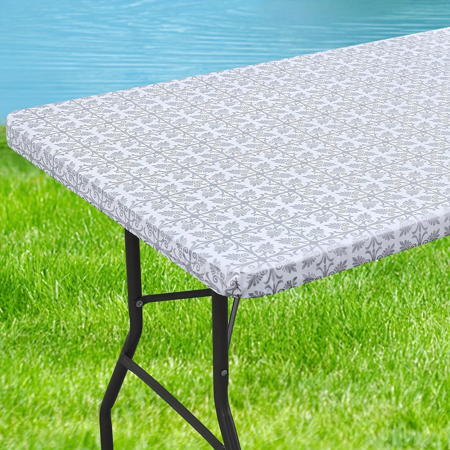 Baroque Style Waterproof Fitted Tablecloth with Elastic Flannel Backing for Outdoor Use