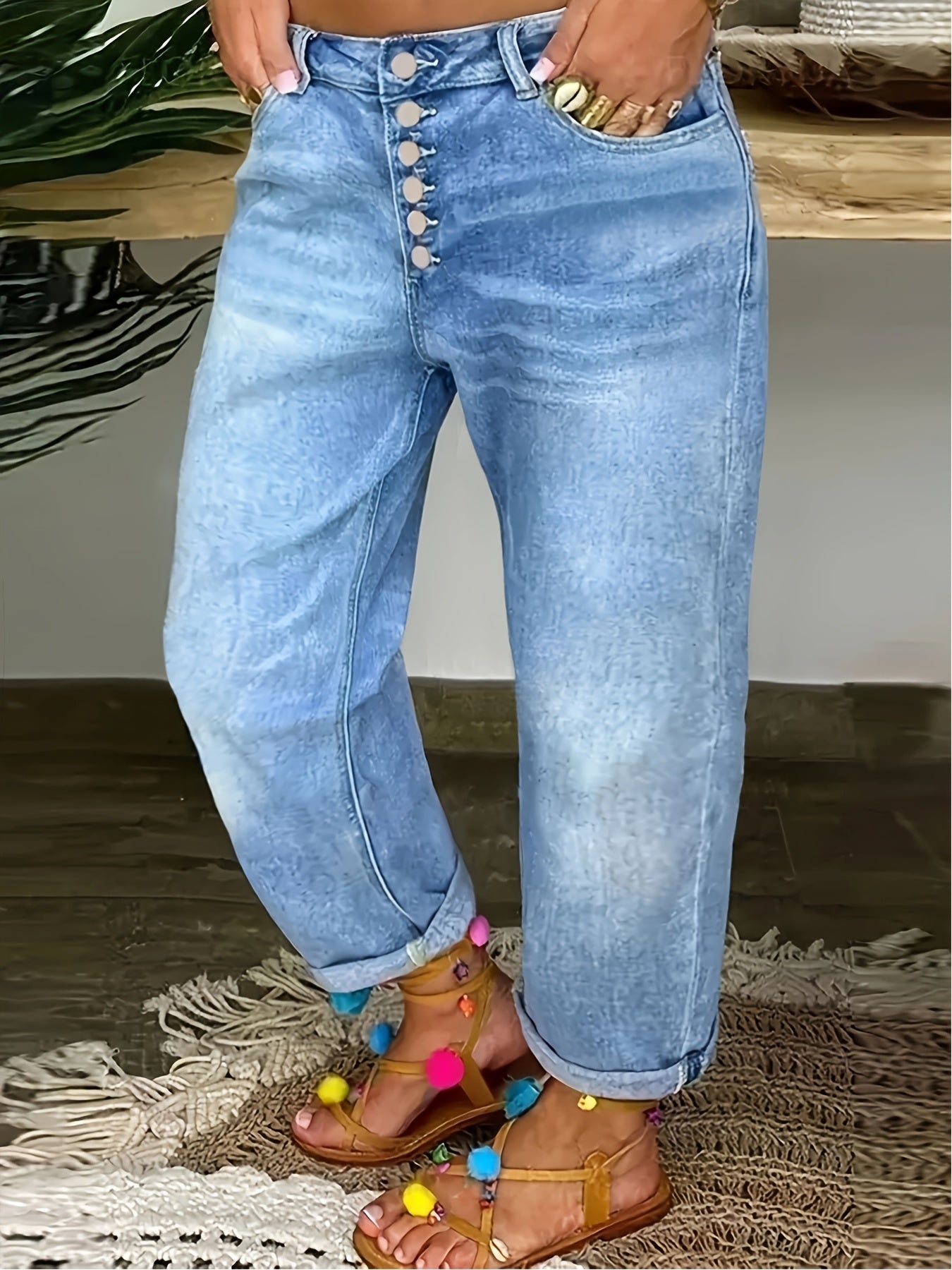 Plus o'lcham ayollar uchun kengaytirilgan denim to'g'ri chiziqli jinsi ko'k rangli kundalik shimlar