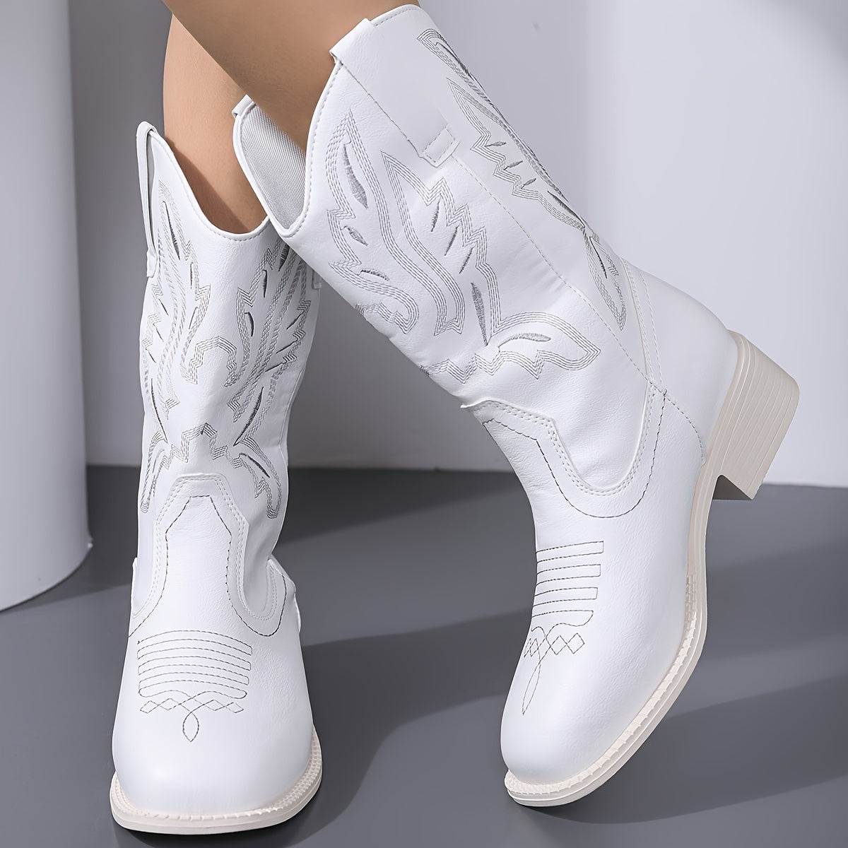 Women's Ankle Boots Floral Embossed PU Leather Wooden Heel Casual Footwear