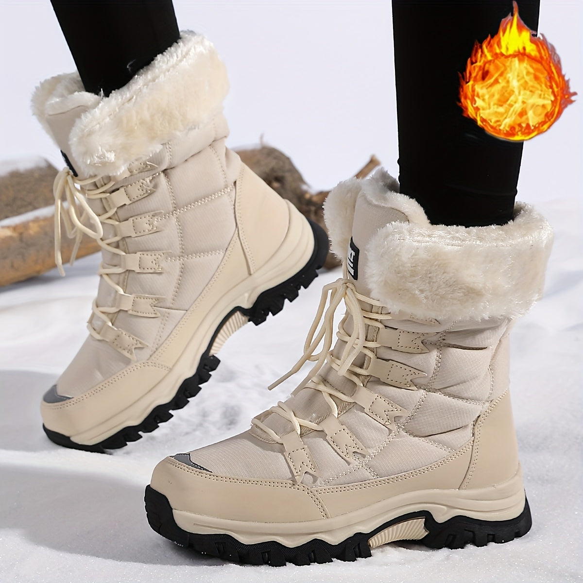 Women’s Fleece-Lined Mid-Calf Winter Boots Light Beige Outdoor Casual