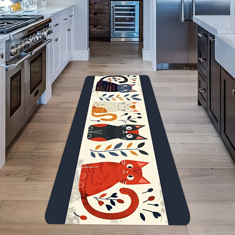 Cat Print Doormats Set Waterproof Non-Slip Polyester for Kitchen Living Bathroom