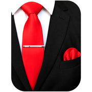 Men's Solid Color Tie and Pocket Square Set with Tie Clip for Business and Wedding