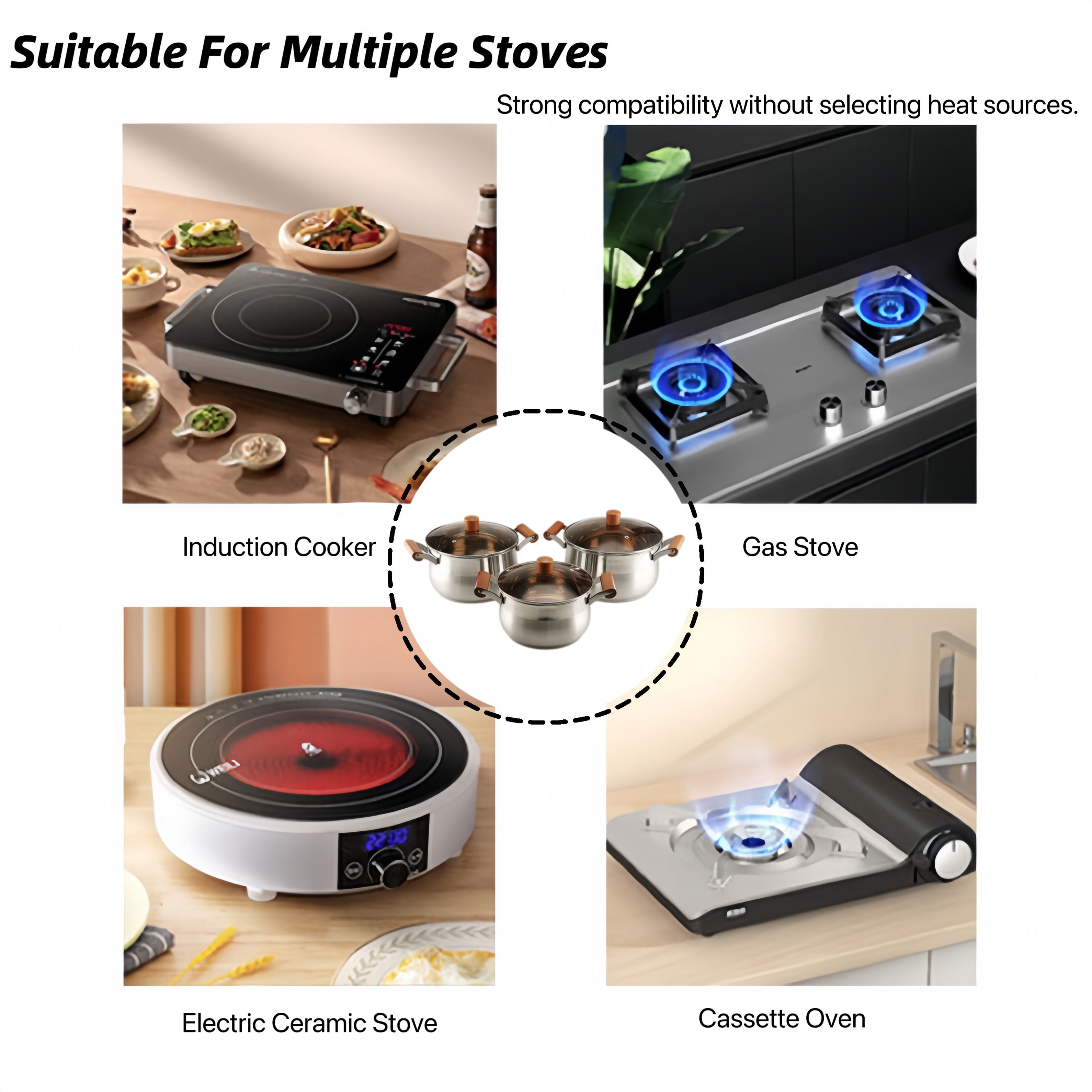 Juego de utensilios de cocina de acero inoxidable de 6 piezas con ollas para hervir y guisar aptas para lavavajillas