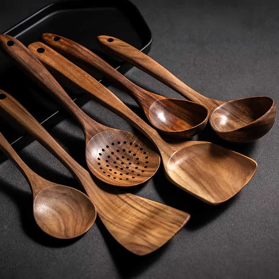 Set of 6 Wooden Spoons and 5 Kitchen Utensils for Cooking in Classic Wooden Design