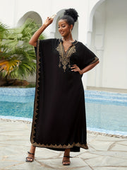 Women's Plus Size Boho Kaftan Dress Gold Embroidered Bat Sleeve Maxi Cover Up