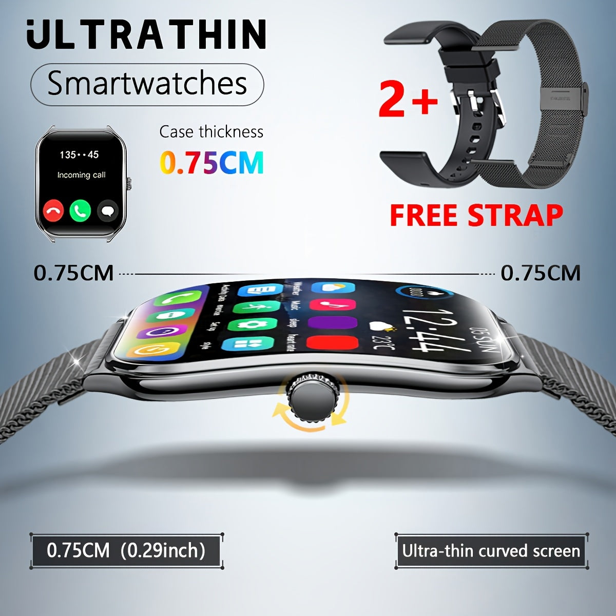 Ultra-Thin Smartwatch with Full Touch Display Dual Screen USB Charging Stainless Steel Case Fitness Tracking Calls Messages Music Control for Android iPhone