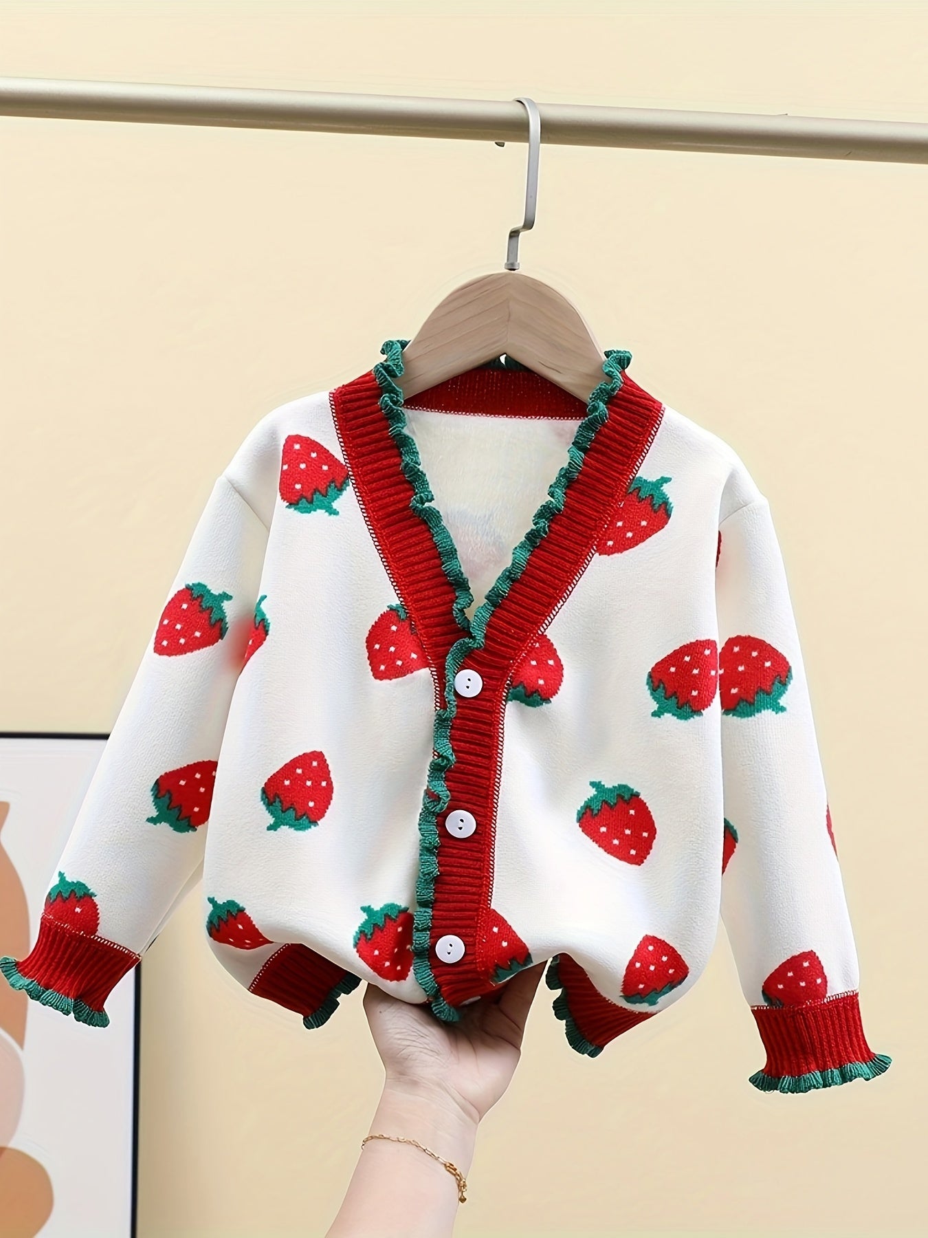 Kids Girls Knitted Cardigan with Strawberry Print Polyester Crew Neck Fall Winter