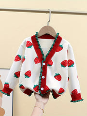 Kids Girls Knitted Cardigan with Strawberry Print Polyester Crew Neck Fall Winter