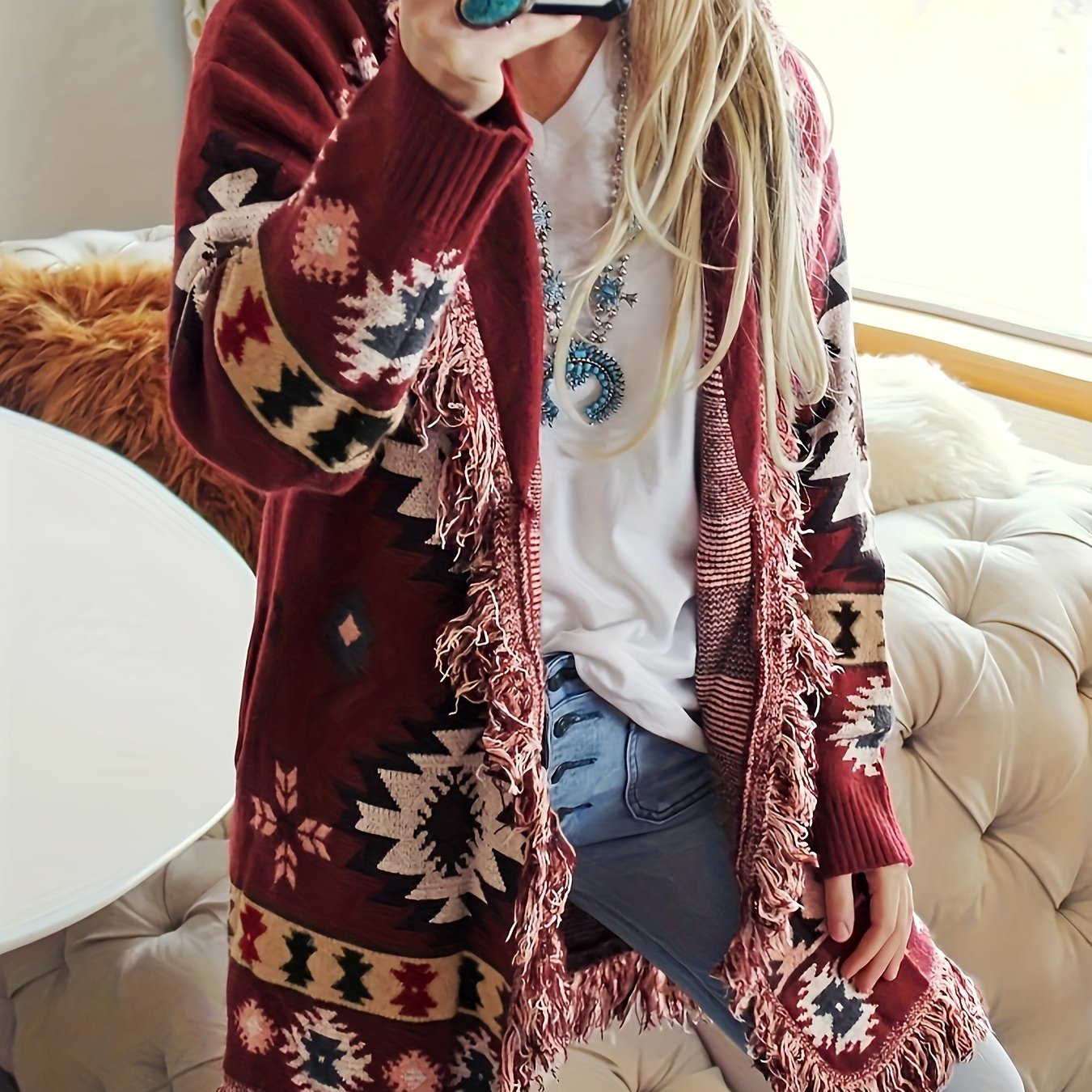 Plus Size Knit Cardigan with Tassels Open Front Long Sleeve Fall Winter Women's Clothing