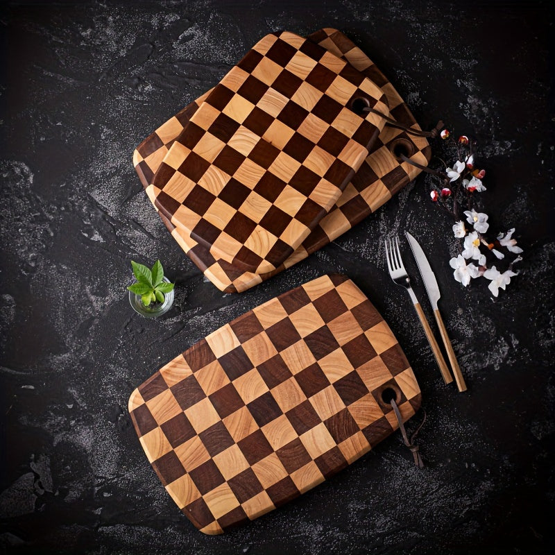 Checkered Pattern Rubber Wood Cutting Board Double-Sided Food Safe Chopping Block
