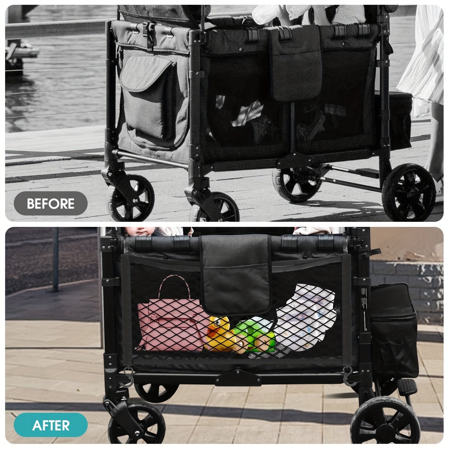 Universal Fit Stroller Wagon Cargo Net with Organizer for Large Storage