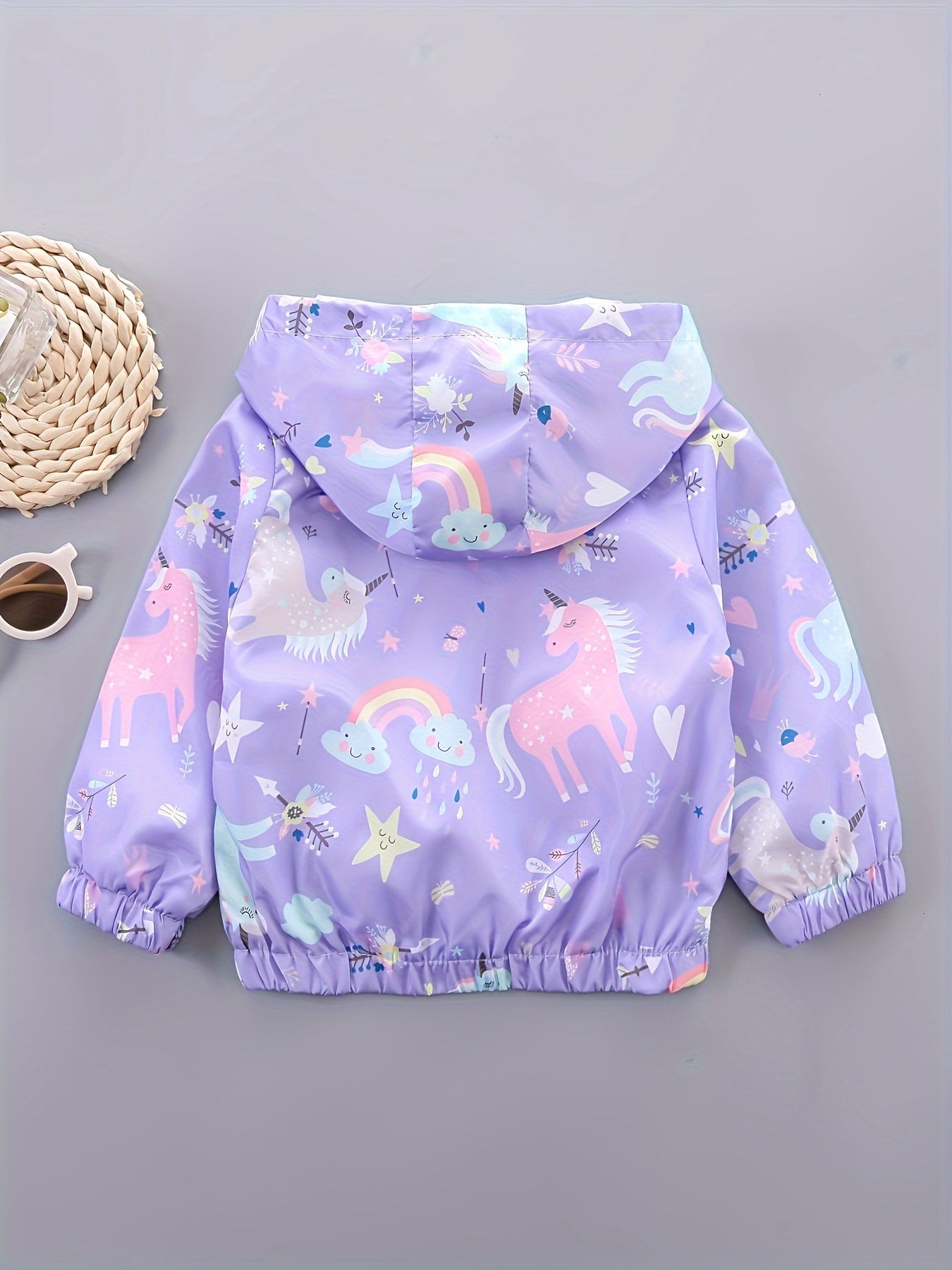 Girls' Polyester Hoodie Jacket with Cartoon Horned Horse and Flowers Pattern for Girls 12 and Under
