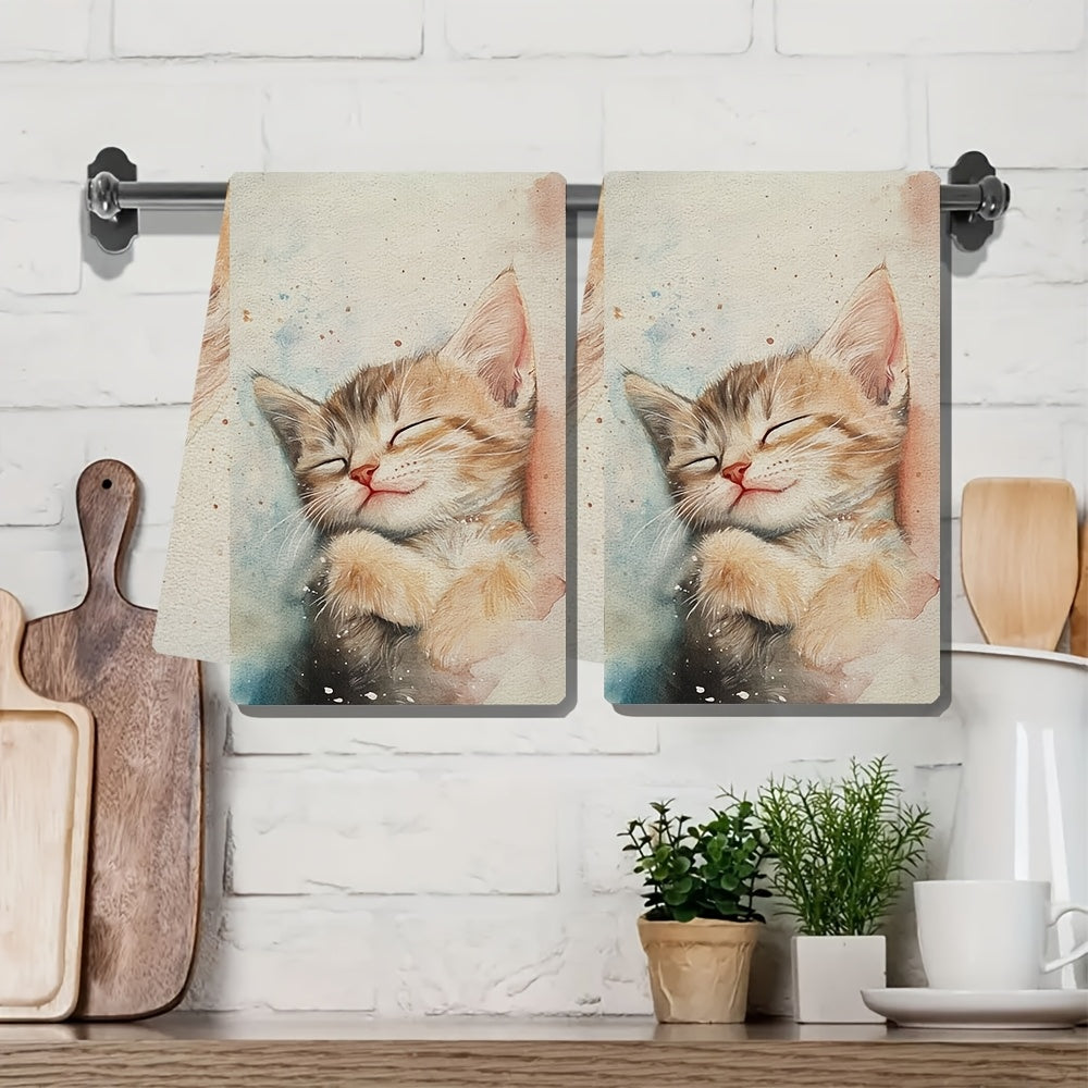 Set of 2 Ultra-Soft Kitchen Towels with Dreaming Kitten Design, Highly Absorbent