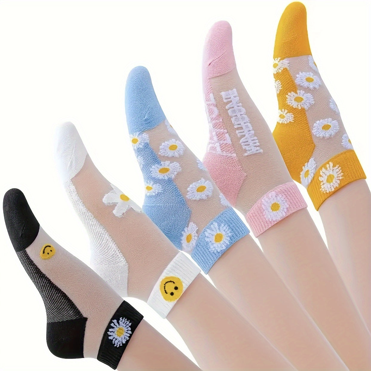 Women's Ankle Socks 5 Pairs Floral Prints Fishnet Details Polyester Blend Comfortable