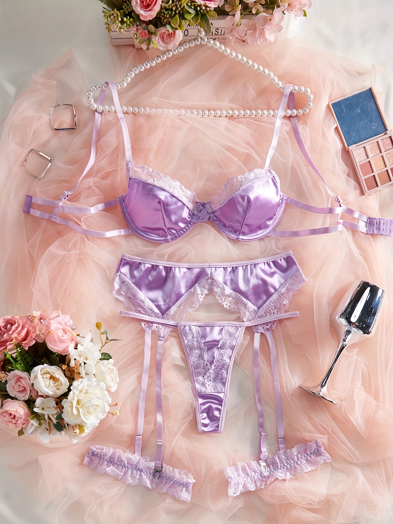 Women's Sexy Lingerie Set Four-Piece Satin Lace Underwear Sleepwear