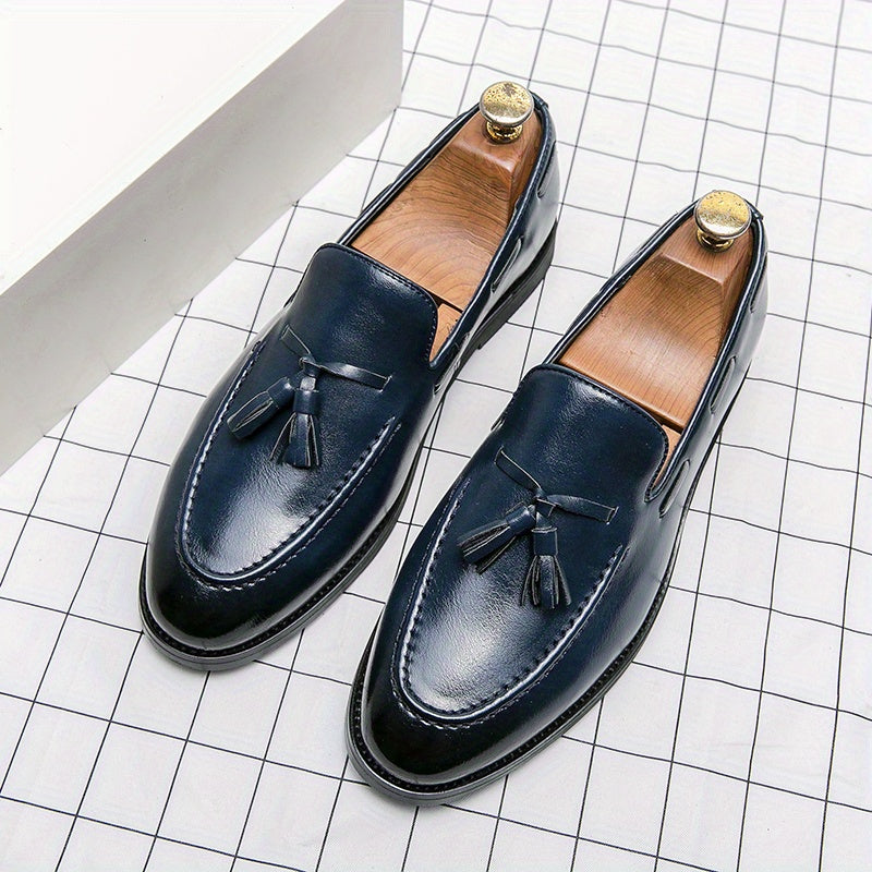 Men's Leather Tassel Loafers Business Casual Slip-On Oxfords Round Toe
