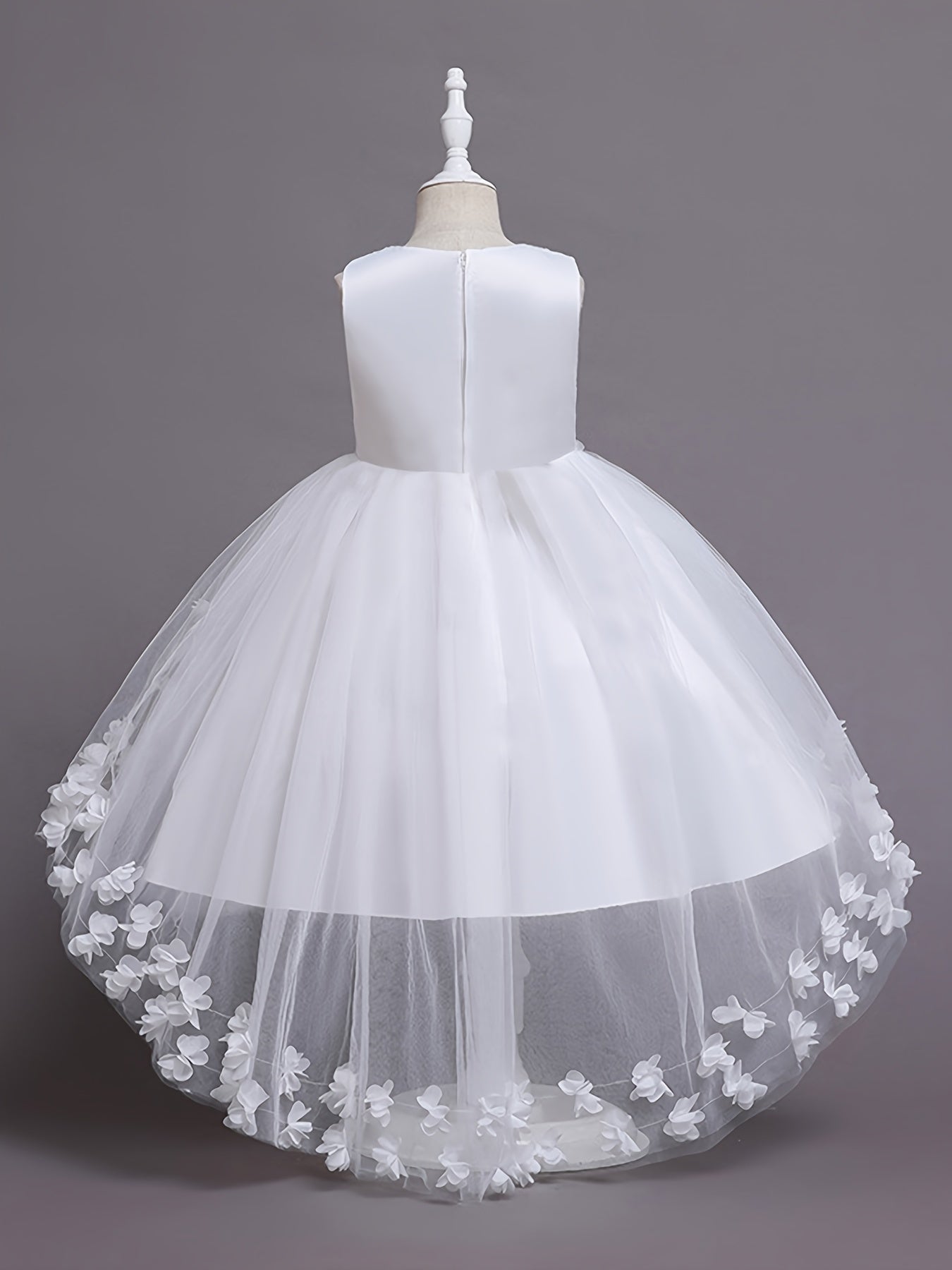 Girls Sleeveless Princess Dress with Lace Floral Embellishments and Flowing Tail for Pageants Weddings and Parties