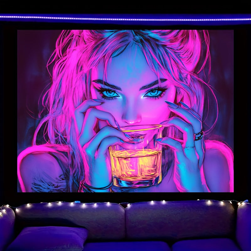 Neon Drinking Girl Fluorescent Tapestry Psychedelic Wall Art for Home and Bar Decor