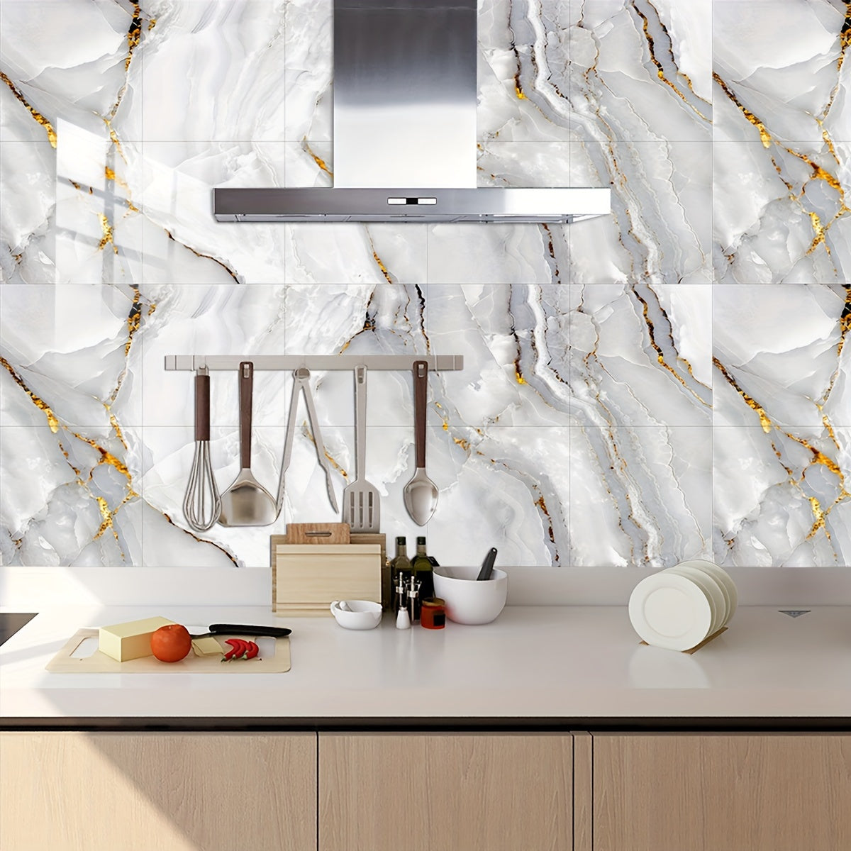 Waterproof Marble Pattern PVC Floor Stickers for Kitchen Decor, 10 Pieces