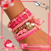 Pink Beaded Valentine's Day Bracelet with Heart Pendant and Multi-Layered Design
