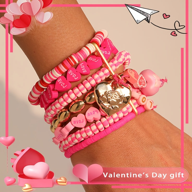 Pink Beaded Valentine's Day Bracelet with Heart Pendant and Multi-Layered Design