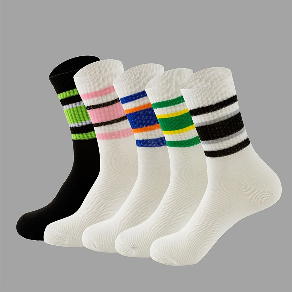 Women's Breathable Striped Mid Tube Socks 5 Pairs Knee-High Knit Polyester