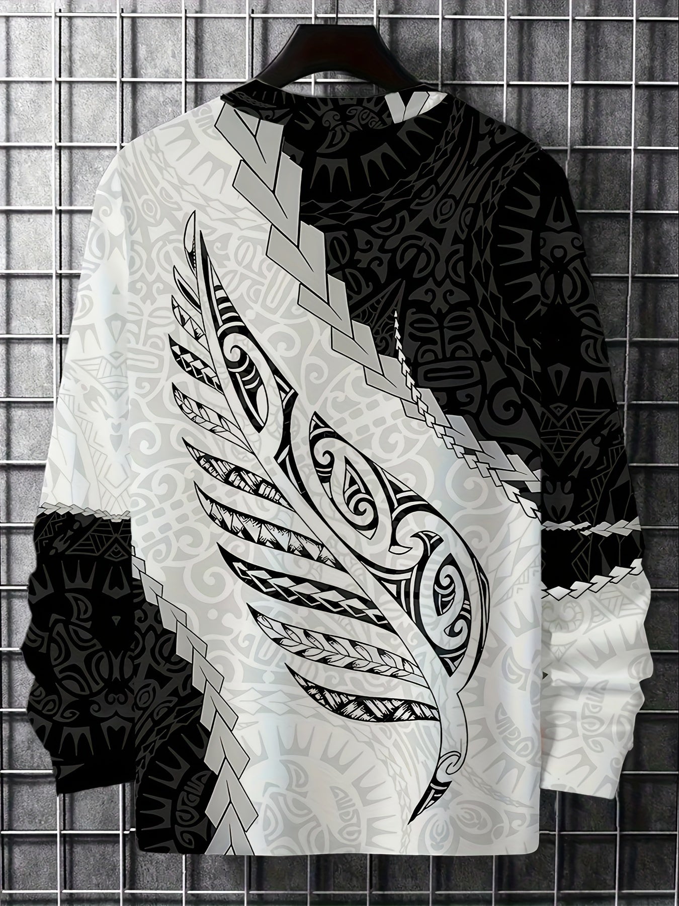 Camiseta de manga larga casual para hombre de poliéster con cuello redondo y estampado aleatorio