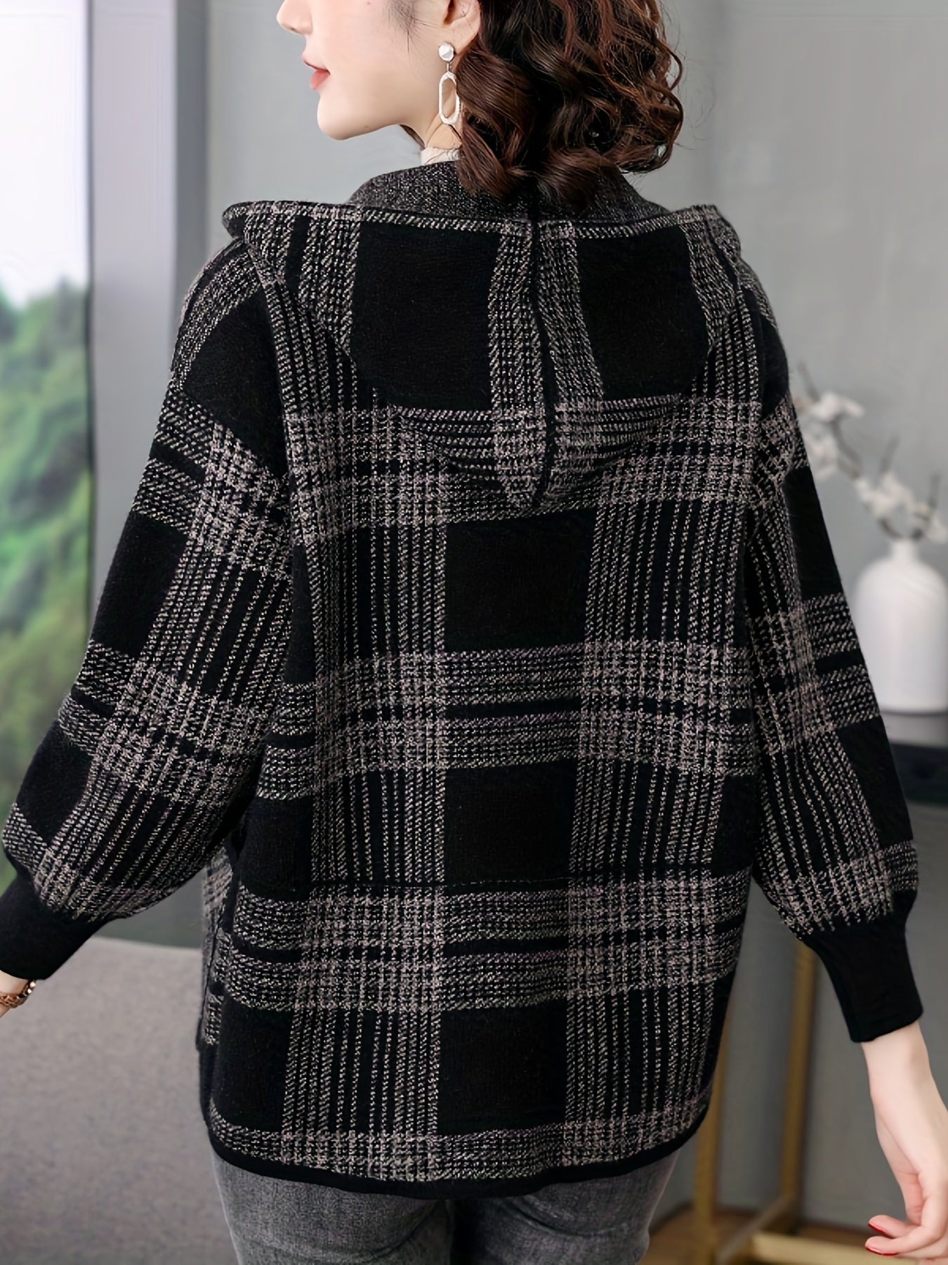 Women's Casual Plaid Hoodie Jacket Long Sleeve Spring Fall Black White Polyester Blend Loose Fit