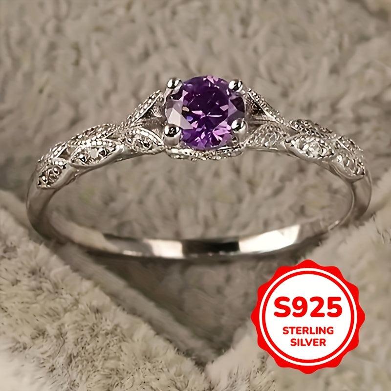 Sterling Silver Anniversary Ring with Synthetic Purple Gemstone and Zirconia for February Birthstone
