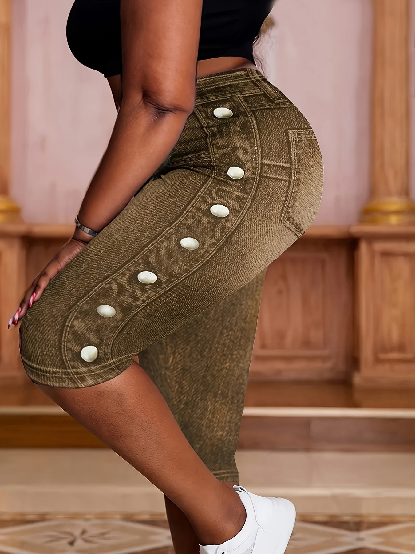 Plus Size Women’s Faux Denim High-Waisted Stretch Skinny Capris