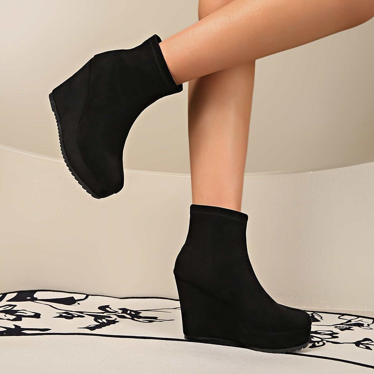 Women's Black Slip-On Wedge Boots with Thick Sole and Round Toe