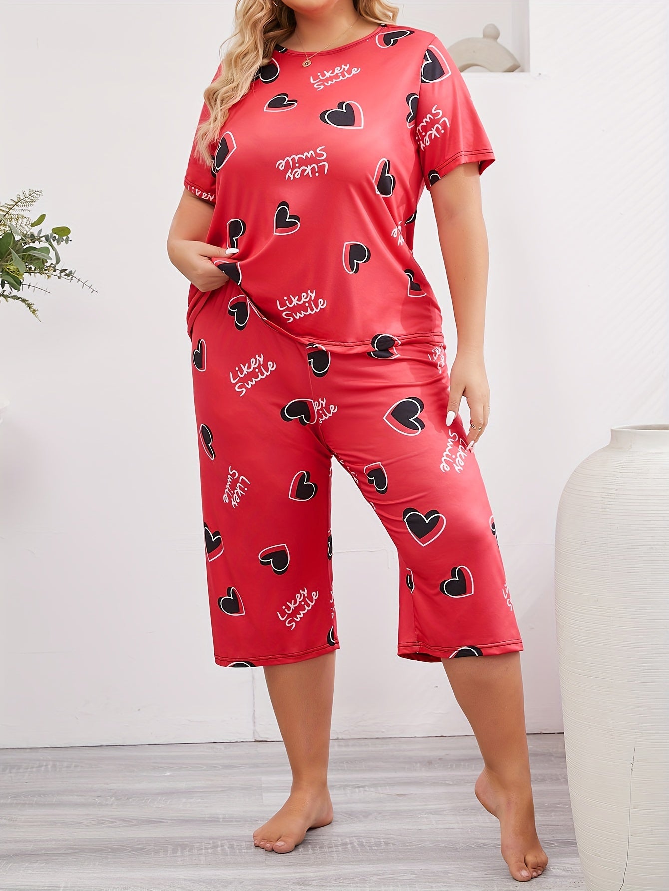 Women's Plus Size Heart and Letter Print Pajama Set Short Sleeve Lounge Two Piece