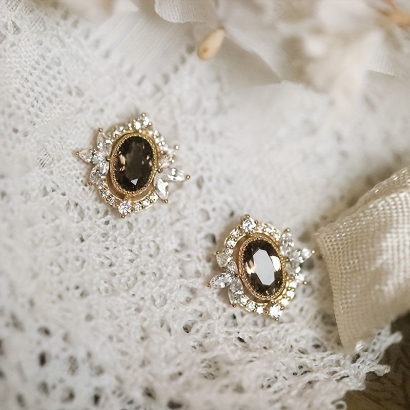 Sterling Silver Stud Earrings for Women with Brown Zirconia Decor