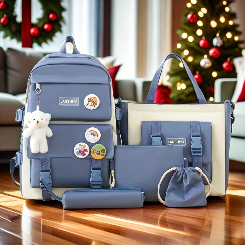 5-ta qismli maktab sumkasi to'plami, kollej uchun kanvas sumka, mo'ynali ayiqcha tanga hamyonchasi, qalam sumkasi va crossbody sumka